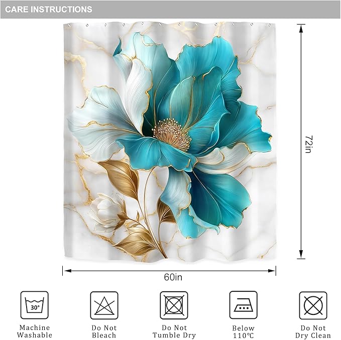 Riyidecor Teal Gold Marble Floral Shower Curtain for Bathroom Decor 60Wx72H Modern Turquoise Ombre Flower Abstract Luxury Minimalist Art Printed Fabric Polyester Waterproof 12 Pack Plastic Hooks