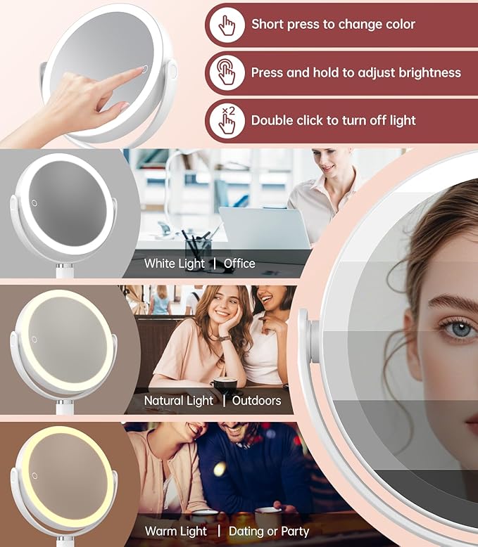 Benbilry 20X Magnifying Mirror with Light, Rechargeable 4000mAh Lighted Makeup Mirror with Magnification, Adjustable Height, 3 Color Modes, 2-Sides Vanity Mirrors for Desk Bathroom Bedroom, White