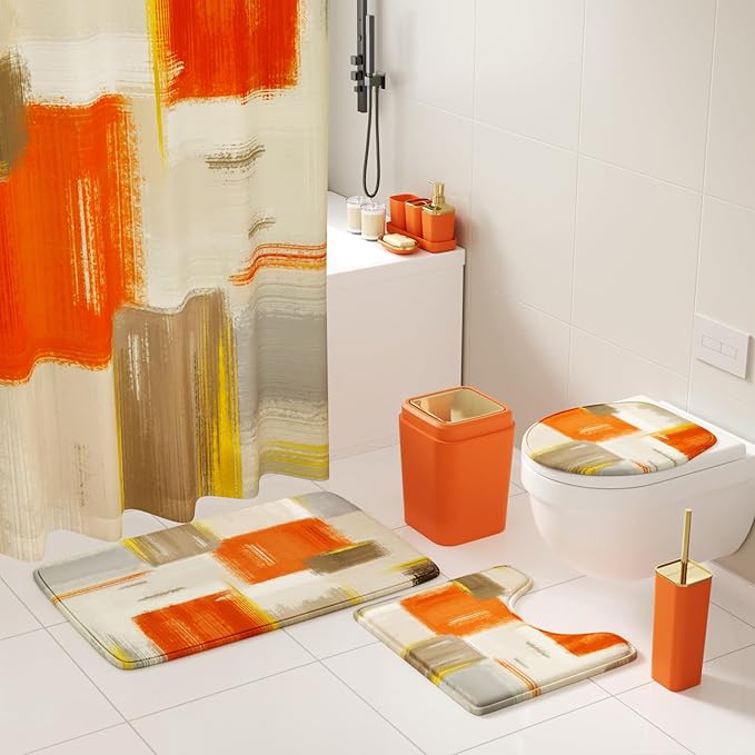 XLHOMO Bathroom Accessories Set - 26PCS Orange Bathroom Set, Luxury Bathroom Accessory Set with Shower Curtain and Rugs and Bathtub Mats for Home