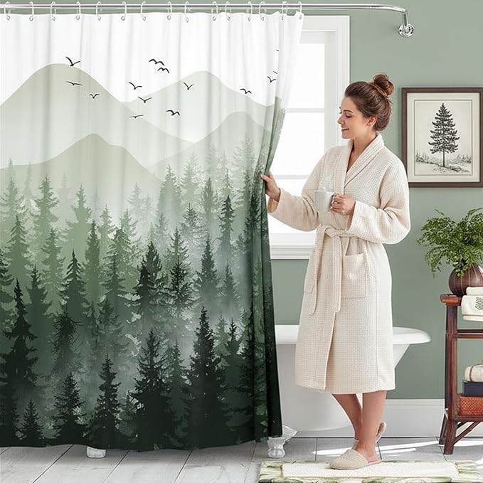 Accnicc Misty Forest Shower Curtain Nature Mountain Pine Tree Woodland Shower Curtains for Bathroom Ombre Sage Green White Waterproof Fabric Modern Bath Curtain Decor 72×72 Inches