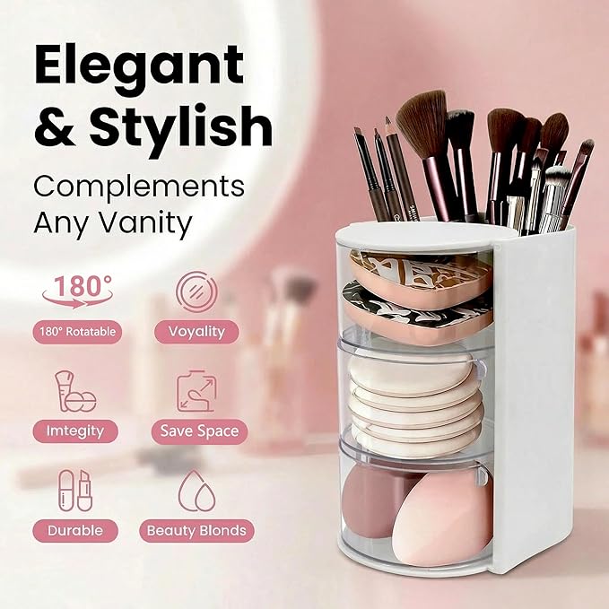 Hair Accessories Organizer with Hair Brush Holder - Rotatable Makeup Brush Organizer and Jewelry Storage Box for Necklaces, Earring, Bracelet, Makeup Brushes, Hair Clip and Hair Accessories (White)