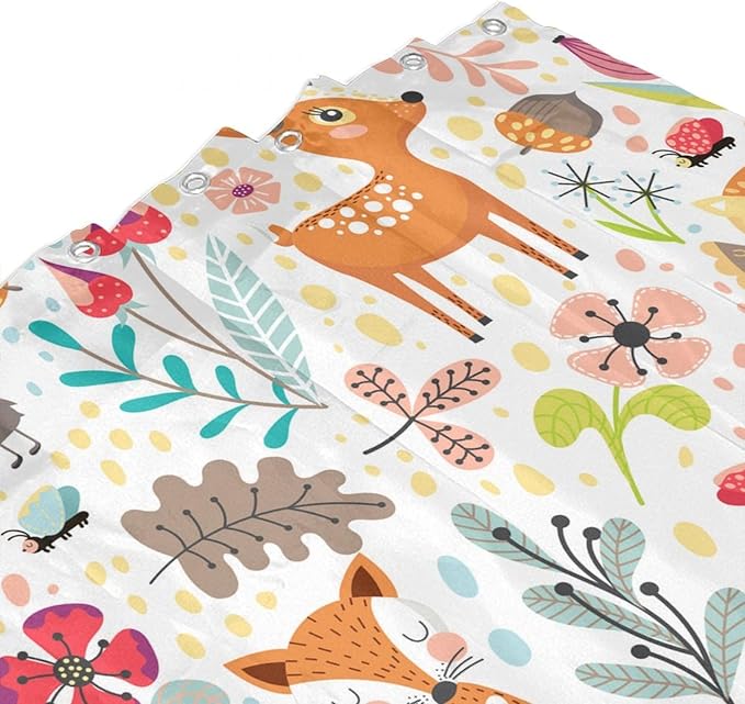 Kids Baby Woodland Shower Curtain Animals Cartoon Girls Children's Cute Cartoon Funny Colorful Weeds Plants Fox Waterproof Fabric Bathroom Decor 72x72 Inches(183x183cm), Style-13