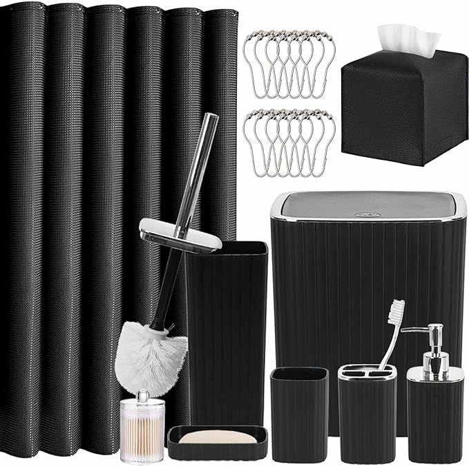 Bathroom Accessories Set, 21Pcs Black&Silver Bathroom Set, Including Shower Curtain, Toothbrush Holder, Trash Can, Toilet Brush, Bathroom Soap Dispenser Set for Bathroom Decor