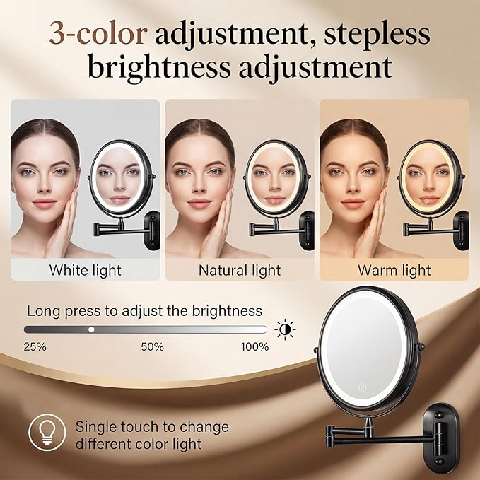 Wall Mounted Lighted Makeup Mirror, 8" Double-Sided 1X/30X, Rechargeable, 3-Color Dimmable Touch, 15.9" Swing Arm, Narrow Base, USB-C Charging, 360° Rotation, Black