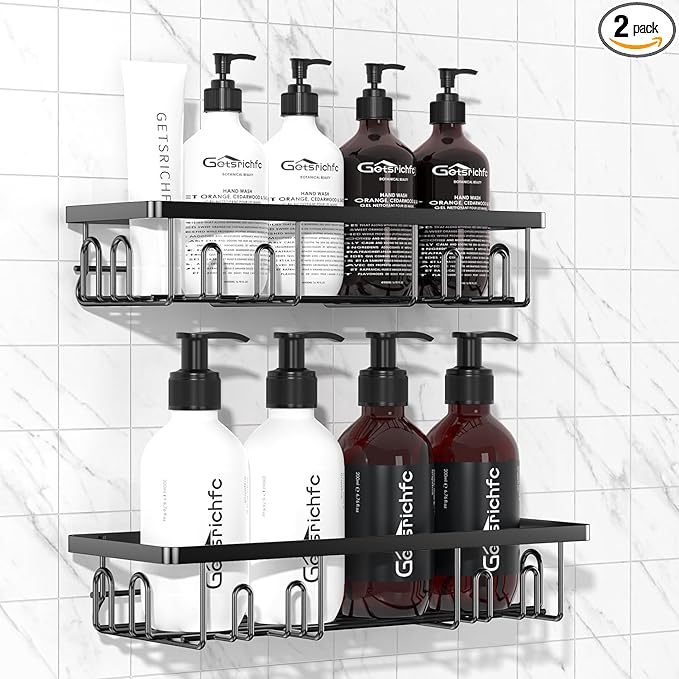 Getsrichfc Adhesive Shower Caddy, Shower Shelves with 16 Hooks, Rustproof Shelf Wall Corner Racks for Inside Bath, No Drilling & Sleek Bathroom Organizers and Storage Caddies Soap Holder, 2 Pack