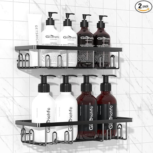 Getsrichfc Adhesive Shower Caddy, Shower Shelves with 16 Hooks, Rustproof Shelf Wall Corner Racks for Inside Bath, No Drilling & Sleek Bathroom Organizers and Storage Caddies Soap Holder, 2 Pack