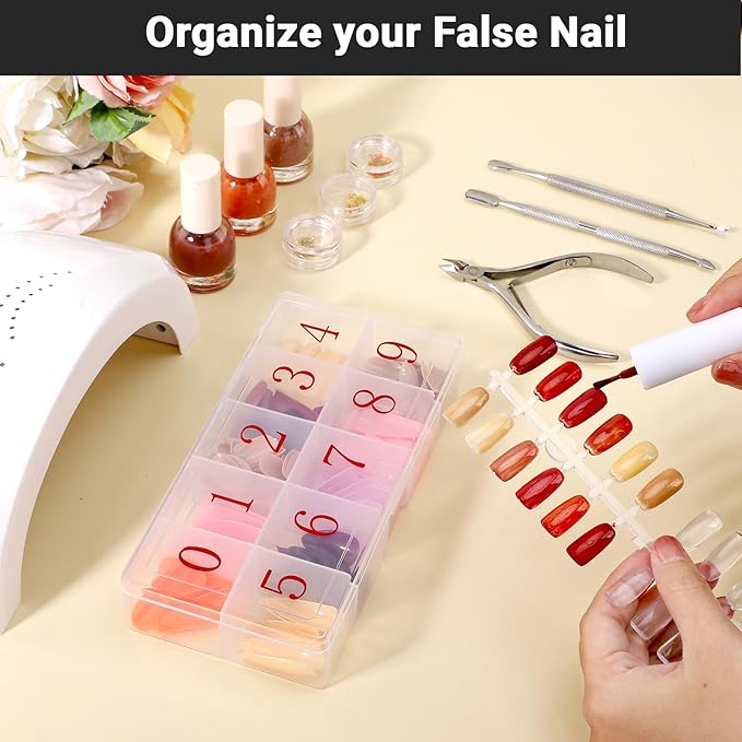 Press On Nail Storage Box, 3PCS 10-Grid Acrylic Nail Tip Organizer Box, 10 Spaces Empty Clear Plastic Numeral Vitamins Pill Box, Nail Case Container for Crystal Jewelry Nail Art Accessories