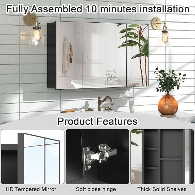 24x40 Inch Bathroom Medicine Cabinet with Mirror, Pre-Assembled Bathroom Medicine Cabinets, Surface/Recessed Wall Mounted Farmhouse Large Medicine Cabinet, Black
