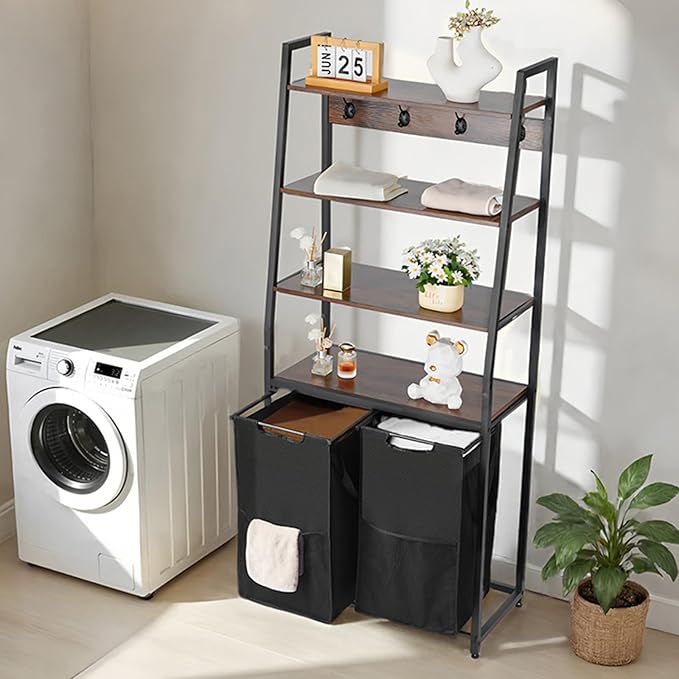 VEVOR 4 Tiers Laundry Sorter, Tall Laundry Hamper with Shelves and Hooks, 2 Section Freestanding Basket Organizer Storage with 600D Oxford Cloth Bags and Ladder Shelves for Dirty Clothes, Bathroom