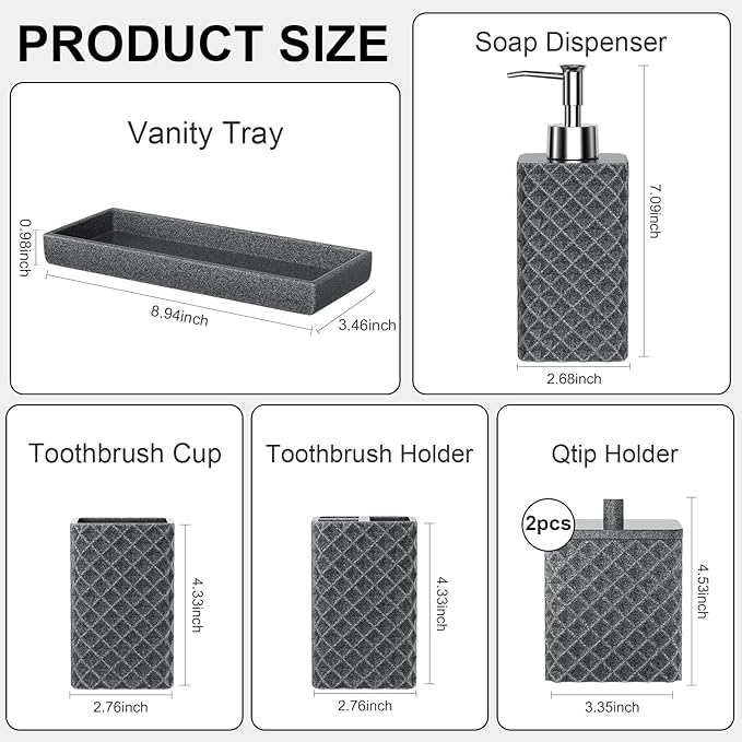Bathroom Accessories Set Resin 6PCS, Square Toothbrush Holders Set Complete with Soap Dispenser, Vanity Tray, Tumbler, Cups and Cotton Swab Jars (Gray Diamond, Resin Bath 6 PCS)