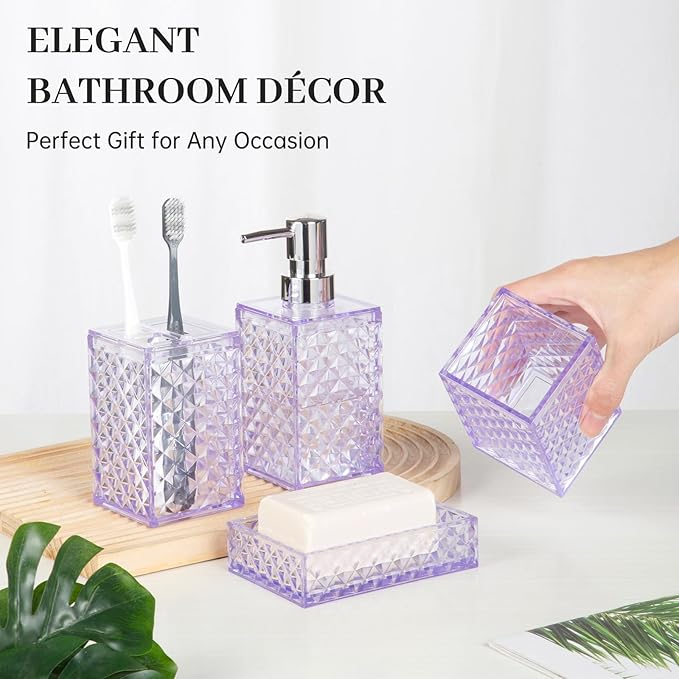 Bathroom Accessory Set, 4 Pcs Plastic Bathroom Set Include Soap Dispenser, Soap Dish, Toothbrush Holder, Mousewash Cup, Modern Bahtroom D??cor Set, Space Save for Bathroom(Light Purple)