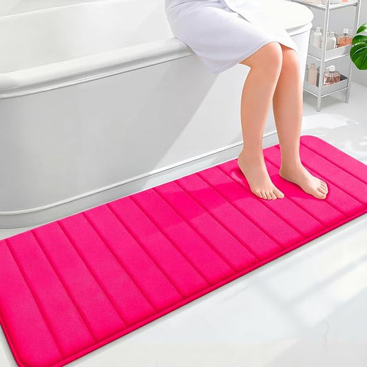 OLANLY Memory Foam Long Bathroom Rugs Runner 59x20, Super Soft Absorbent Bath Mat, Quick Dry, Machine Washable Shower Floor Rugs, Bathmat Carpet, Bathroom Home Decor Accessories, Hot Pink