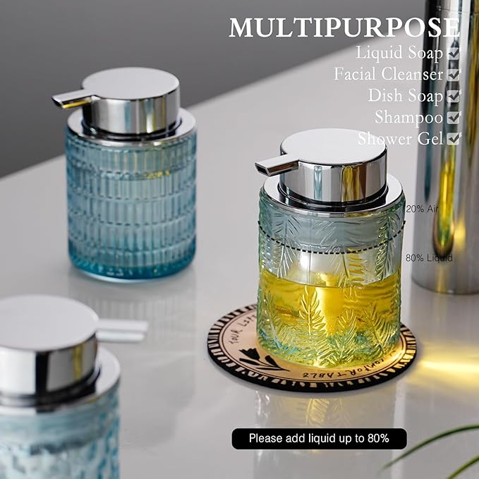 CICUFY Glass Foam Soap Dispenser for Kitchen & Bathroom - Refillable Liquid Soap Dispenser with Large Silver Pump (Leaf Pattern-Blue)