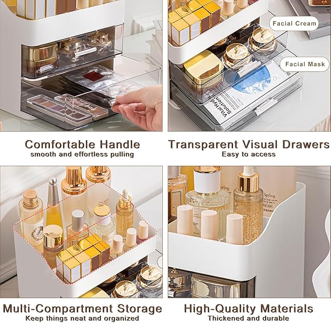 Makeup Organizer with Sliding Drawers,2-Layer Acrylic Cosmetic Storage Box with Divider Top,Vanity Table Skincare Display Case for Bathroom Bedroom
