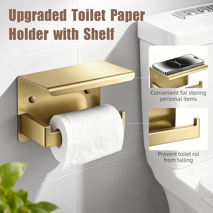 Brushed Gold Bathroom Accessories 6-Piece, Stainless Steel Luxury Bathroom Hardware Set, 16" Towel Bar, Toilet Paper Holder with Shelf, 2 Towel Rings & 2 Hooks, Wall Mounted for Bathroom Remodel