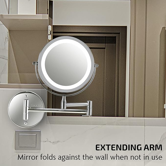 OVENTE Wall Mounted Lighted Makeup Mirror, 7" Double Sided 1X/7X Magnifying Vanity Mirror for Bathroom with LED Lights, Cordless, 360° Rotation and 13" Extendable Arm, Polished Chrome MFW70CH1X7X