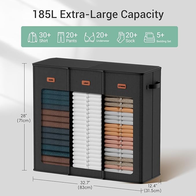 185L Laundry Hamper 3 Section with Lid, Black Dirty Clothes Hamper with 3 Removable Laundry Bags, Large Laundry Basket for Bedroom, Laundry Room, Dorm