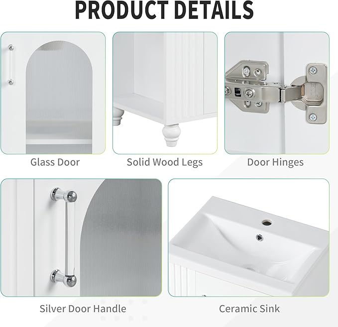 Virubi 20" Small Bathroom Vanity with Sink and Glass Door, Storage Shelf & Toilet Paper Holder,Solid Wood & MDF Modern Single Bathroom Sink Cabinet with Shelves,Freestanding,White
