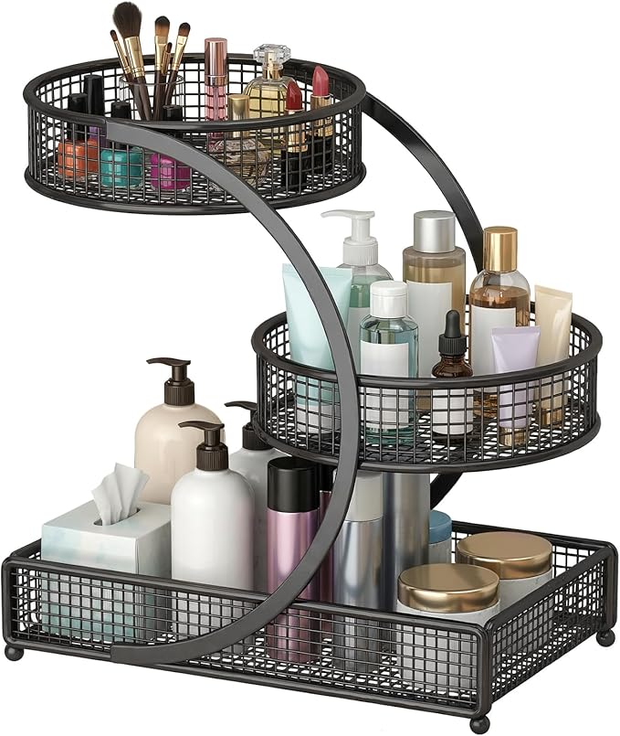 3 Tier Spiral Bathroom Countertop Organizer Shelf, Multi-Purpose Metal Makeup Storage Rack for Cosmetics, Toiletries, Spices, Ideal for Bathroom, Kitchen, Bedroom, Office, No Assembly Required- Black