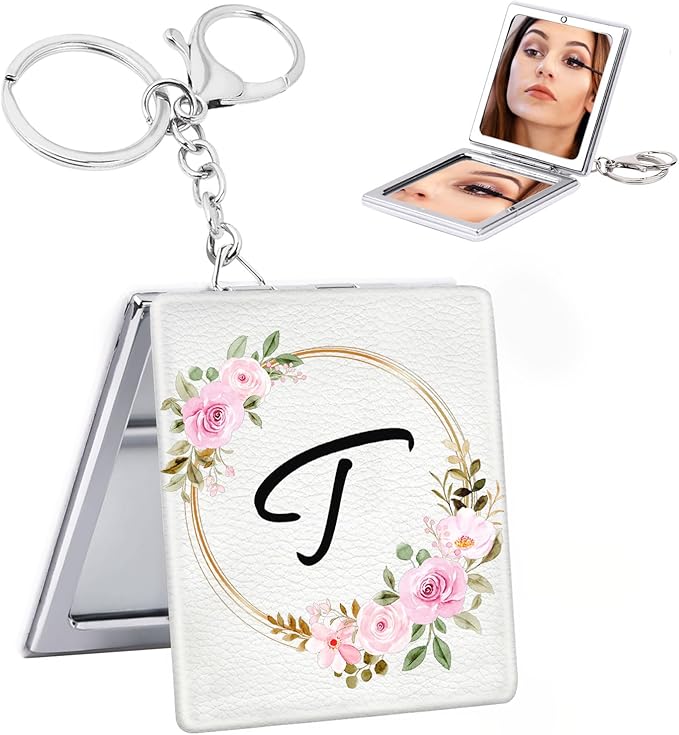 BAOSIWA Birthday Gifts for 5 6 7 8 9 10 11 12 13 Year Old Girl, Personalized Compact Mirror Initial Small Travel Makeup Mirror with Keychain Preppy Trendy Stuff Gifts for Women Teen Girls (T)