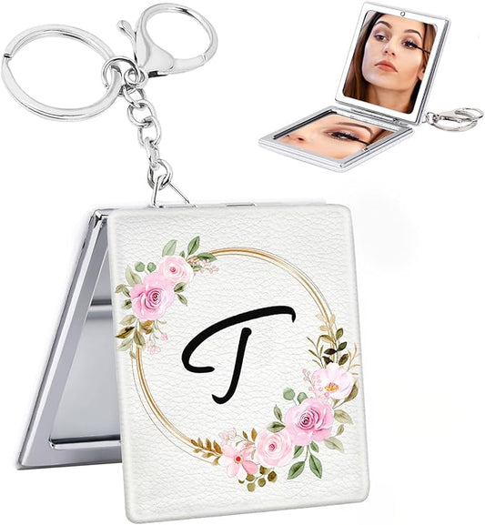 BAOSIWA Birthday Gifts for 5 6 7 8 9 10 11 12 13 Year Old Girl, Personalized Compact Mirror Initial Small Travel Makeup Mirror with Keychain Preppy Trendy Stuff Gifts for Women Teen Girls (T)
