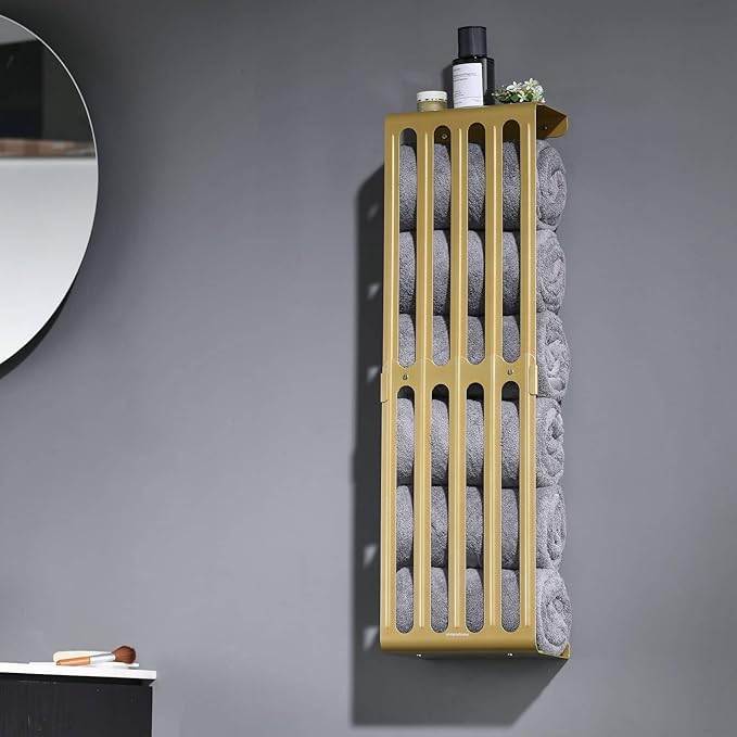 simpletome Towel Storage Rack Adjustable Height Wall Mount Bathroom Shelf Organizer Carbon Steel (Warm Gold)