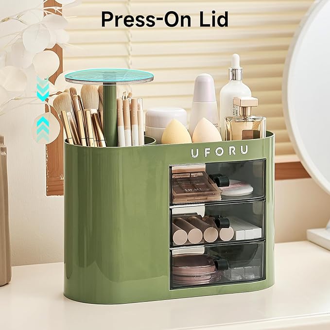Makeup Organizer with Pop-Up Brush Holder for Dresser Vanity, Plastic Bathroom Counter Organizer with 3 Drawers & Dust-Proof Cover, Cosmetic Display Case for Lipstick, Skincare, Vintage Green