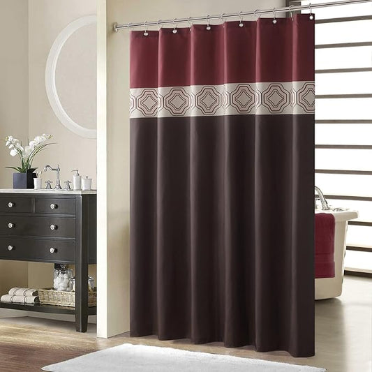 Extra Wide Fabric Shower Curtain 108 x 72 Inch, Brown and Burgundy Color Block Cloth Around Shower Curtains for Bathroom, 108" W x 72" H