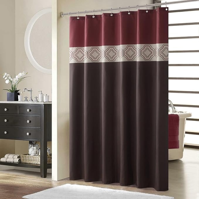 Stall Fabric Shower Curtain, Brown and Burgundy Color Block Cloth Shower Curtains for Bathroom, Waterproof Bathroom Small Curtains, 54" W x 72" H
