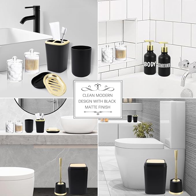 XLHOMO Black and Gold Bathroom Accessories Set - 10 Piece Bathroom Sets with Trash Can, Soap Dispenser, Soap Dish, Toothbrush Holder and Cup, Toilet Brush, Qtip Holder, Bathroom Accessory Set Complete