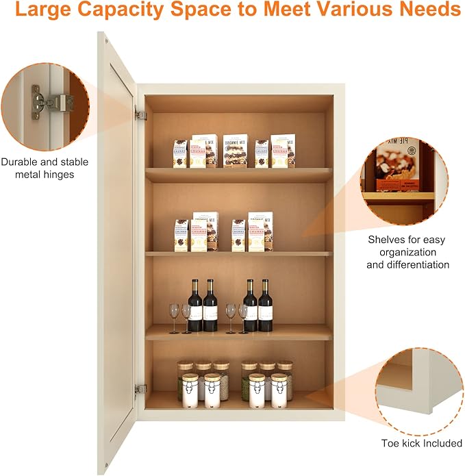 ROOMTEC Wood Wall Cabinet, RTA Single Door Medicine Cabinet with Adjustable Shelves and Soft-Close Door for Kitchen, Bathroom, and Laundry. 12" D*18" W*42" H, Shaker Antique White