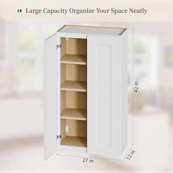 Kisart Laundry Room Cabinets Wall Mounted with Doors & Shelves, Solid Wood RTA Medicine Storage Cabinet, 27Wx42Hx12D Inch White Shaker Hanging Cupboard, Space-Saving for Kitchen, Bathroom, Garage