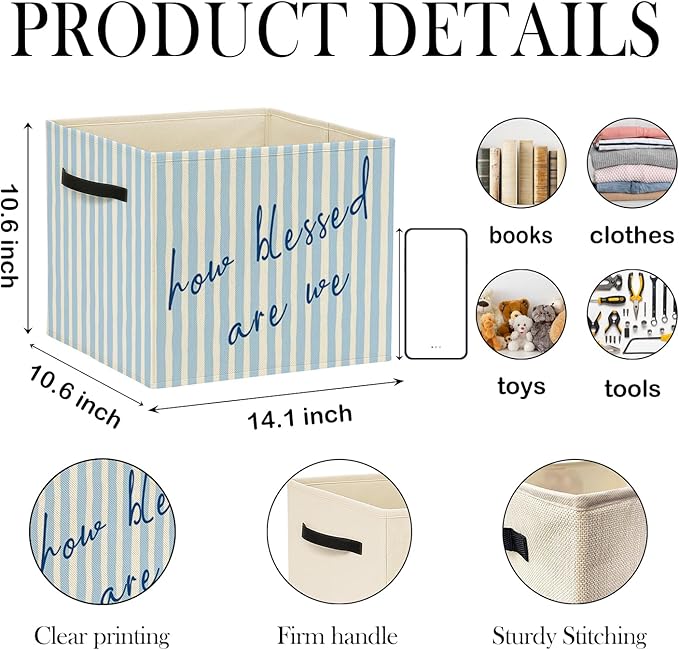 Blue Christian Storage Bin Box with Handles, How Blessed Are We Motivational Religious Foldable Baskets Organizer for Girls Bedroom Bathroom Clothes Toys Books, Toybox for Girls