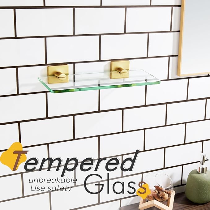KOKOSIRI Wall Shelves 12 Inches Tempered Glass Shelf Floating Rack for Kitchen Storage Home Decor Bathroom Hardware, Gold Stainless Steel B1107BG-L12