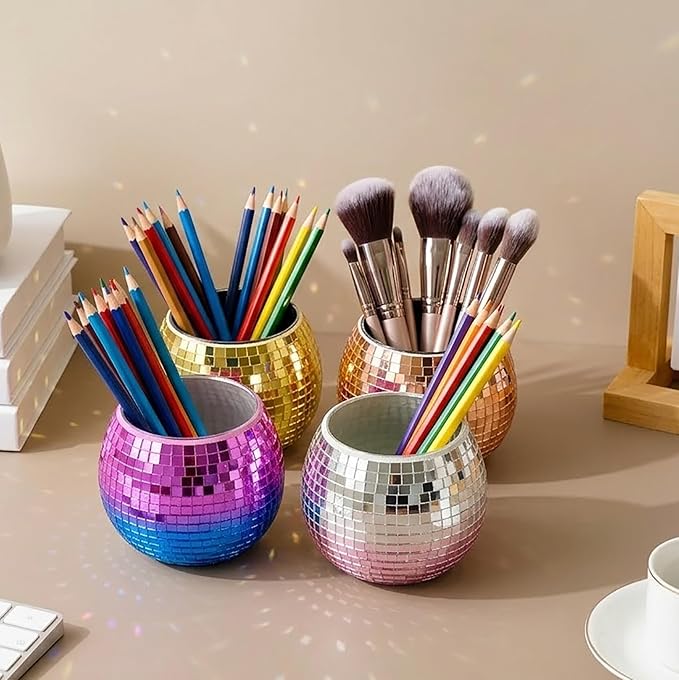 2 Pack Glass Disco Ball Makeup Brush with Smooth Grouting - Premium Mirror Mosaic Pencil Cup for Desk, Cute Pen Holder, Aesthetic Room Decor Gift (rose gold)