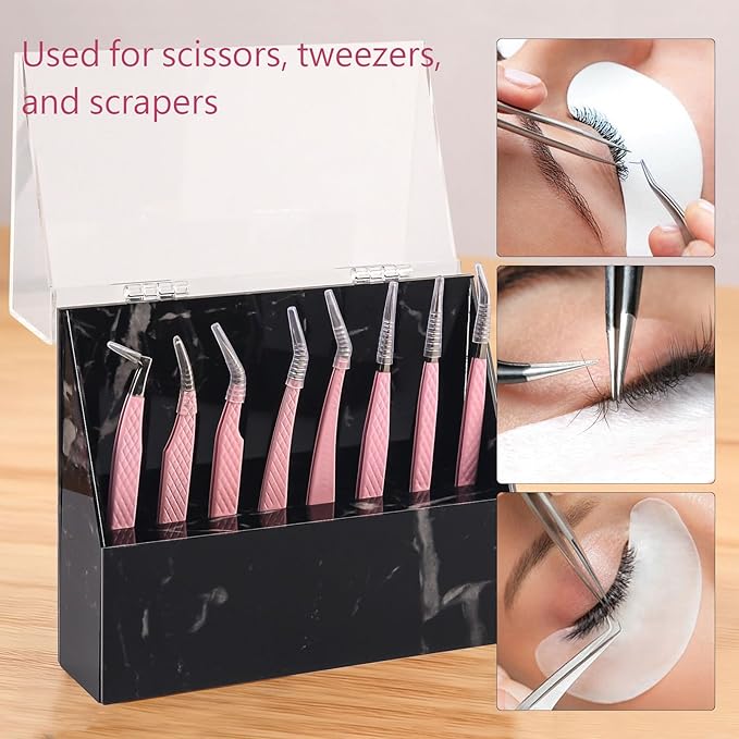 8 Holes Dust proof Tweezer Storage Rack,Acrylic Tweezer Display Stand Holder Eyelash Extension Supplies Lash Accessories Tools (Marble Black)