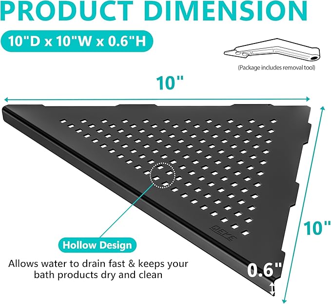 Qeke Bathroom Corner Shelf, Recessed 10" Shower Shelf Caddy, SUS304 Stainless Steel Shelf Wall Mount Triangular, No Drilling, Matte Black