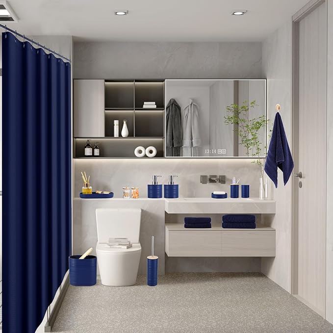 XLHOMO Navy Blue Bathroom Set, Bathroom Accessories Set with Shower Curtain, Bath Towel Set, Blue Shower Curtain Set with Bathroom Trash Can, Soap Dispenser, Soap Dish for Home Decor