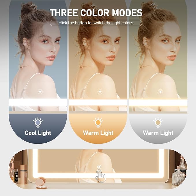 Gvnkvn Ligheted Vanity Mirror with Lights, 14" x 12" LED Makeup Mirror, Hollywood Mirror,3 Modes Light, Smart Touch Control Dimmable, 360°Rotation, Rectangle Gold Frame