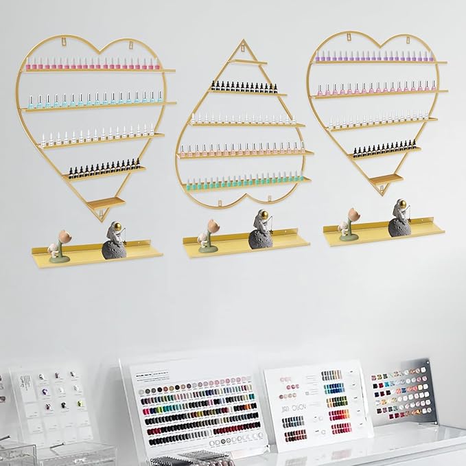 Nail Polish Display Racks 6pcs Metal Solid Color 5 Tiers Nail Polish Shelf Elegant Wall-Mounted Heart-Shaped Perfume Wall Shelf for Lipstick Perfume Nail Polish Essential (Gold)