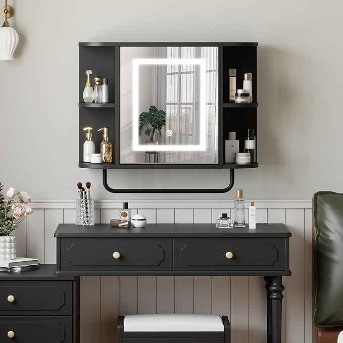 Bathroom Wall Cabinet with Mirror, Mirrored Medicine Cabinet with 3 Colors LED Light and 4 Open Shelves, Wall Mounted Over Toilet Storage Cabinets with Adjustable Shelf, 21.7"L x 6.7"W x 18.1"H, Black
