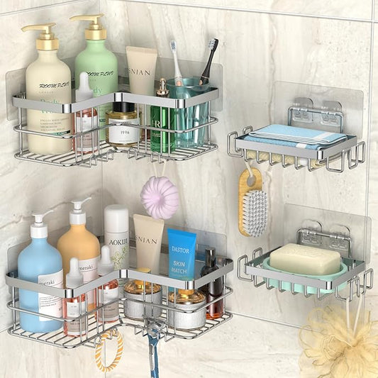 Yazoni Corner Shower Caddy, 4-Pack Adhesive Shower Shelves with Soap Holder No Drilling, Rustproof Bathroom Shower Organizer Storage, Silver