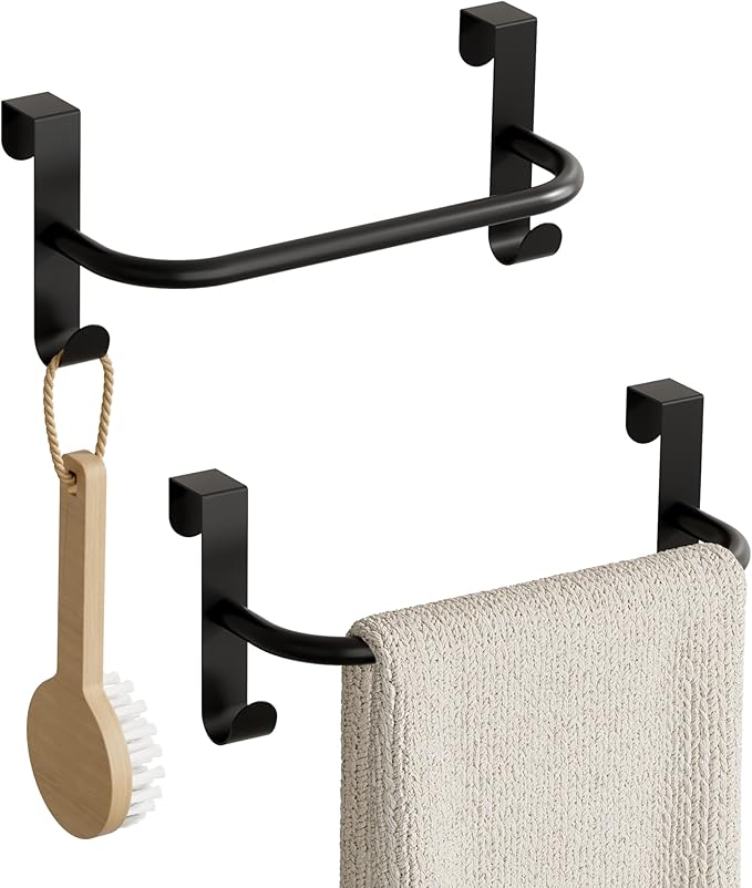 SAYAYO Over Cabinet Towel Bar Black, 8 Inch Kitchen Towel Holder with 2 Hooks, Over The Cupboard Door Dish Towel Rack, 2 Pcs (9 Inch Total Length)