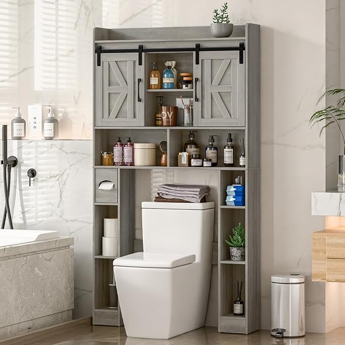 Vabches Farmhouse Storage Cabinet Over Toilet with Sliding Doors，Over The Toilet Storage Cabinet, Home Space-Saving Toilet Rack, for Bathroom, Restroom, Laundry