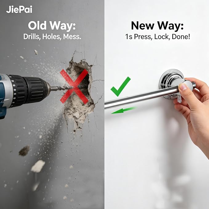 JiePai 17-28” Extendable Suction Cup Towel Bar - Rustproof Adjustable Bath Towel Rack, No Drilling Removable Vacuum Towel Rail for Bathroom, Shower Door (Suction Cup, Chrome)