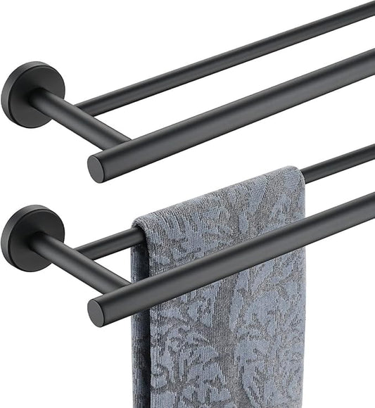 JQK Double Towel Bar 27 Inch, Matte Black Useable Length 24 Inch 304 Stainless Steel Thicken 0.8mm Bath Towel Rack for Bathroom, Towel Holder Wall Mount 2 Pack, TB100L24-PB-P2