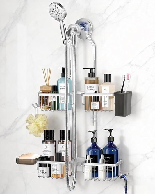 Adjustable Shower Caddy Hanging for Handheld Showerheads - Upgraded Never Rust Shower Hanging Organizer, Bathroom Shower Rack with Soap Basket, Hooks and Toothbrush Holder (Shiny Silver)
