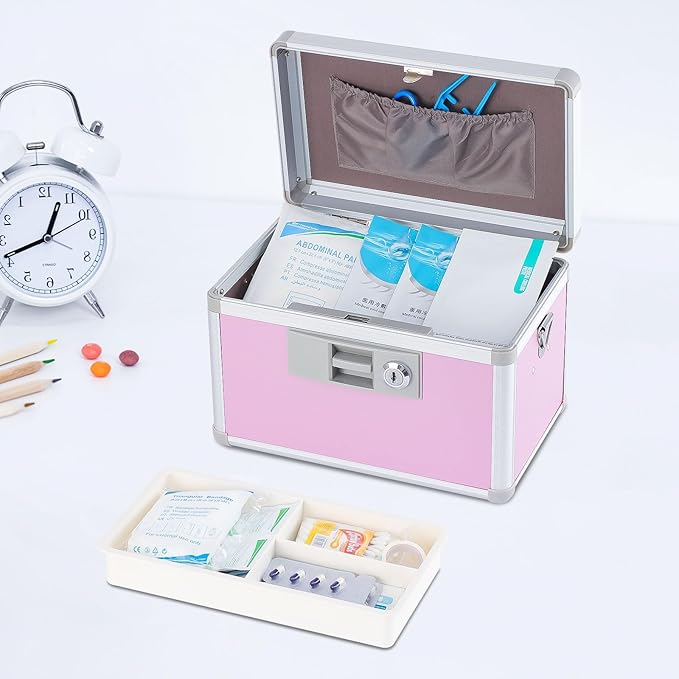 xydstay Medicine Box, First Aid Safe Medication Storage Box,Layered Aluminum Daily Medicine Cabinet,10.2" x 6.2" x 7.7", Pink