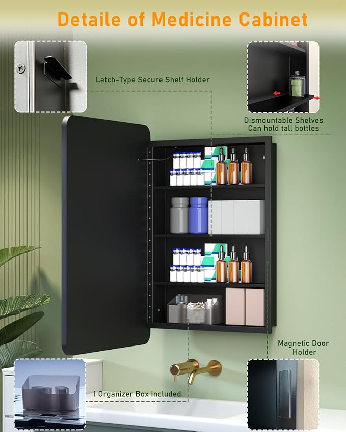 16"x24" Bathroom Medicine Cabinet with Mirror, Recessed and Surface Mount Medicine Cabinet Bathroom Mirror with Storage, Waterproof Black Metal, Stable and Removable 2 Metal Shelves, Easy Installation