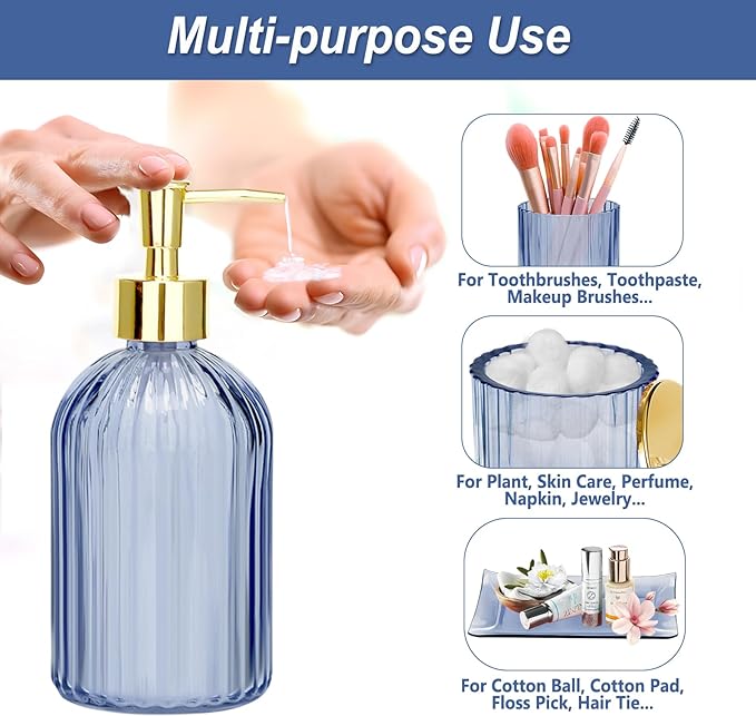 Jenseits Blue Bathroom Accessories, 4 Pcs Glass Bathroom Set Complete Includes Soap Dispenser, Toothbrush Holder, Apothecary Jar, Vanity Tray, Decorative Bathroom Organizers Decor, Housewarming Gift
